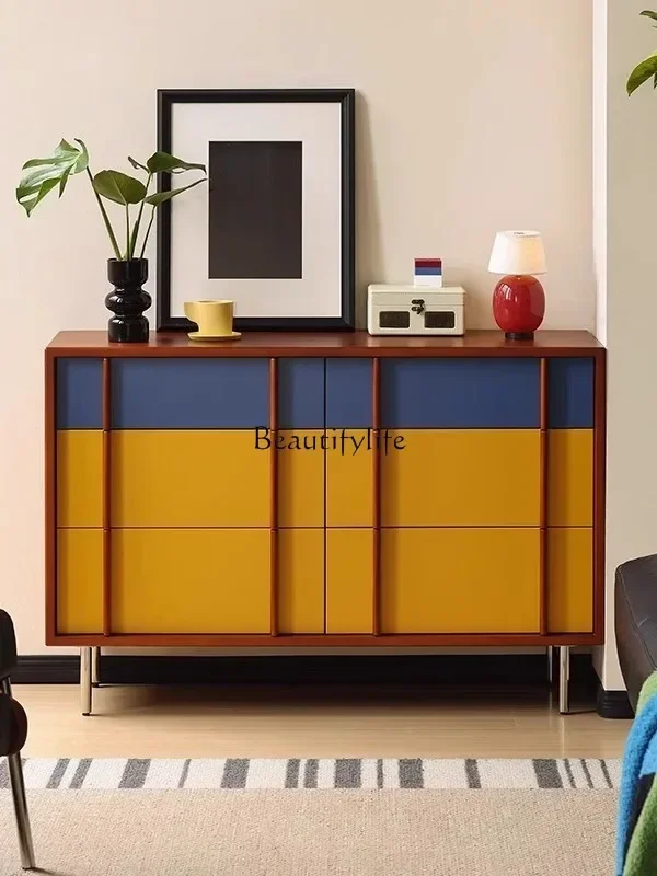 

Medieval color matching six-chest cabinet dining side cabinet Nordic solid wood drawer cabinet