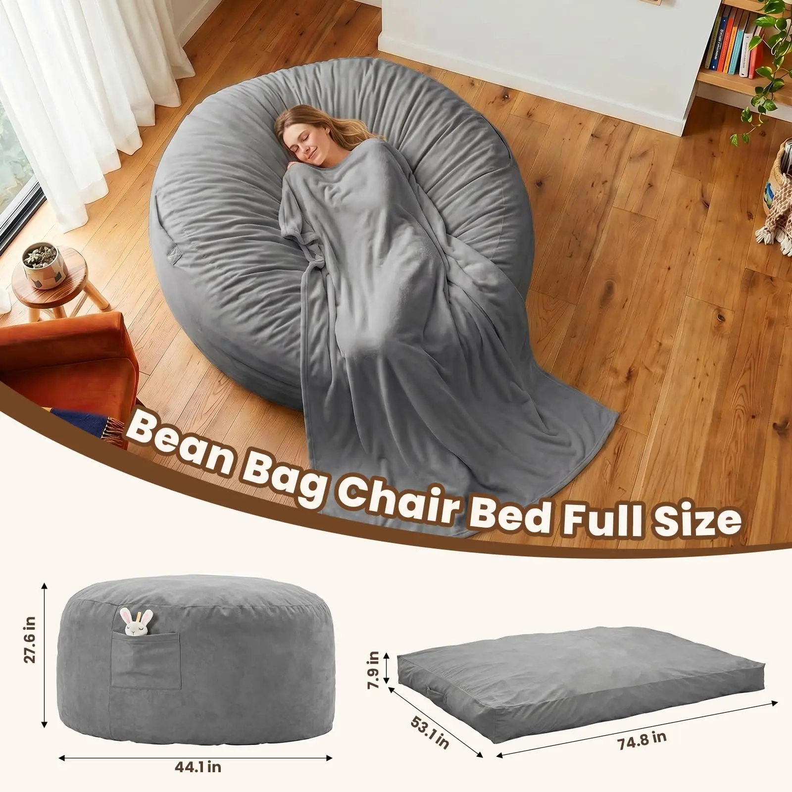 Oversized 4ft Memory Foam Bean Bag Sofa, 4-in-1 Convertible Lounger & Bed, Removable Washable Velvet Cover, Soft Floor Seating for Adults & Teens, Ideal for Living Room or Gaming