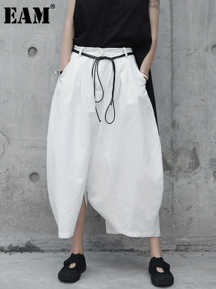 

[EAM] 2024 New Spring Autumn High Waist Drawstring White Loose Big Size Loose Wide Leg Pants Women Trousers Fashion Tide JR505