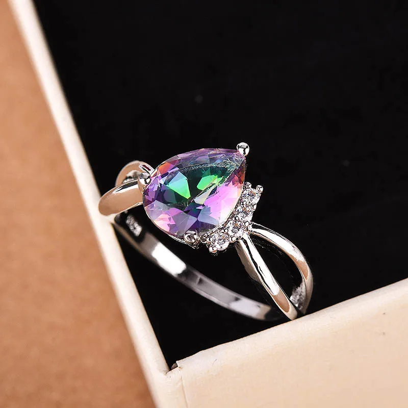 Simple Classic 925 Sterling Silver Ring With Creative Water Drop Pear Shaped Sapphire Seven Rainbow Jewelry For Women