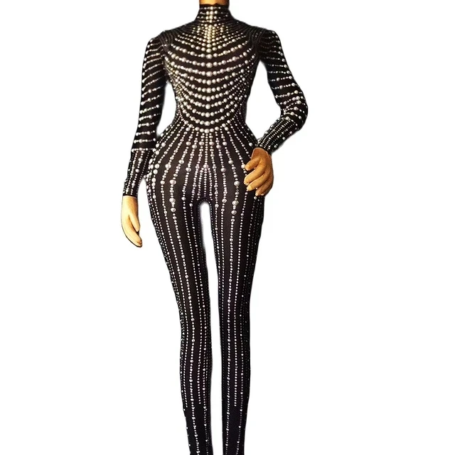 

Sparkly Rhinestone Leotard Black Jumpsuits Shining Pearls Women Bodysuits One Piece Performance Costume Nightclub Stage Wear