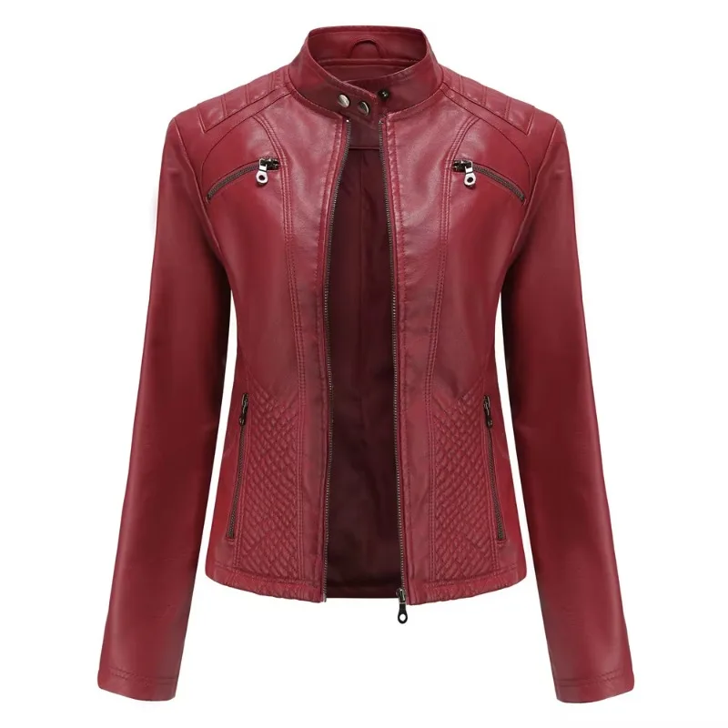 Spring New Casual Women Leather Coat  Stand Collar Slim Fit Short PU Leather Coat Solid Classic Female Outerwear