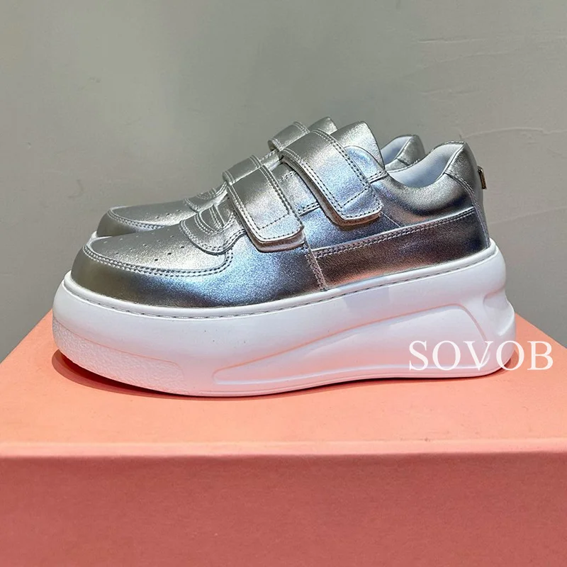 Sapatos baixos de sola grossa de couro genuíno para mulheres, tênis respiráveis de dedo do pé redondo, casual versátil diário, novo para primavera e outono