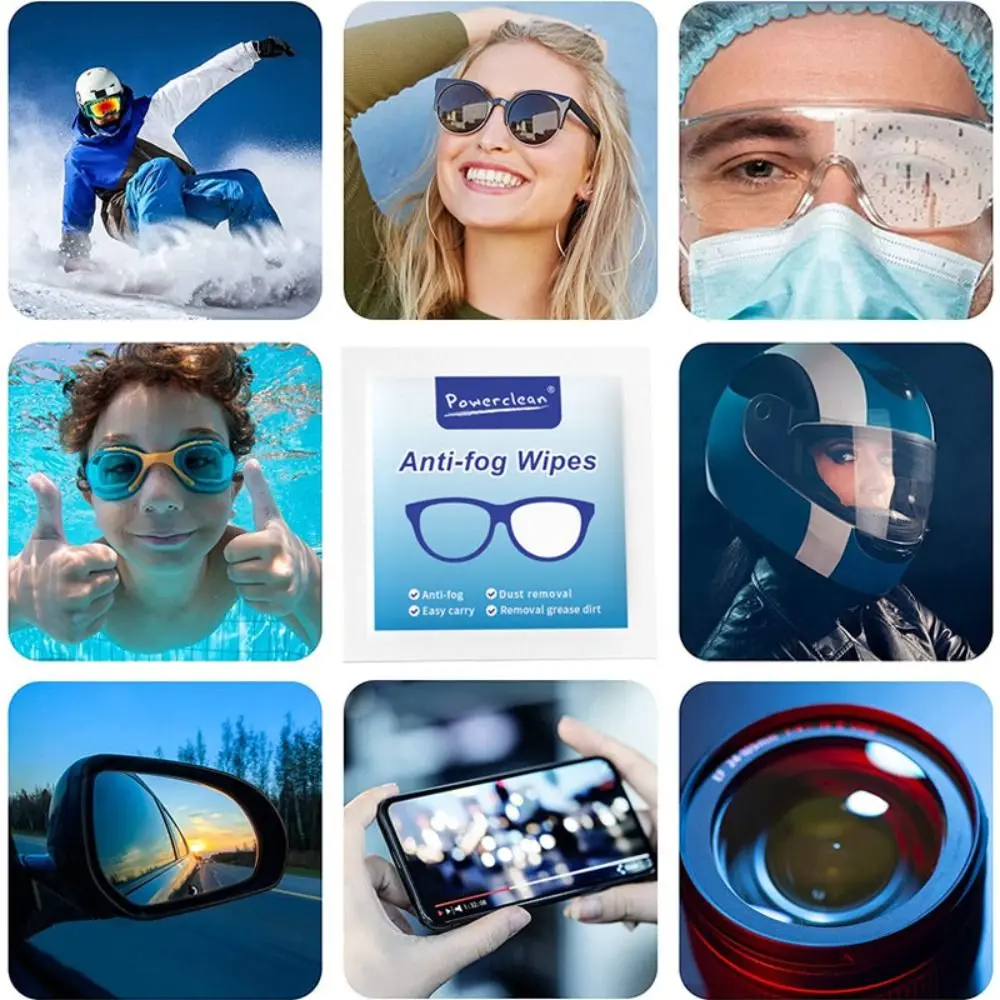 100 sztuk/pudło jednorazowe okulary przeciwmgielne do czyszczenia Anit-mgła przyrząd do czyszczenia szkieł okularowych szmatki do wycierania na mokro szkła przeciwsłoneczne chusteczki przeciwmgielne
