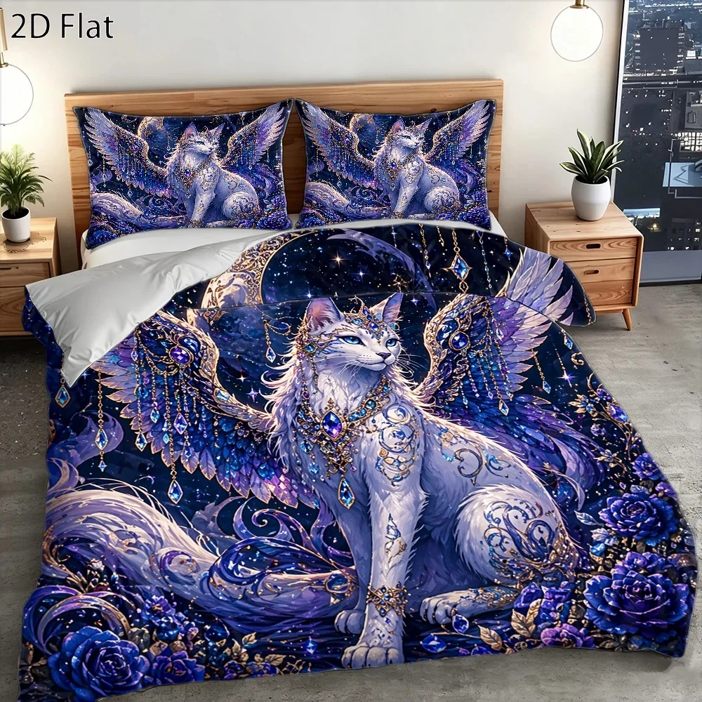 3Pc Dreamy Starry Sky Winged Cat Duvet Cover Set, Three-Piece Bedding Set (1*Duvet Cover + 2*Pillowcases), Suitable for All Seasons, Machine Washable, Invisible Zipper Double Bed Cover, Suitable for Home, Dormitory, Master Bedroom, Guest Room, Large Size Bedding Set, Luxurious Gemstone Bedding, Fantasy Art Style Bedding Set, European and American Best-Selling Three-Piece Bedding Set, Exquisite Pattern Duvet Cover and Pillowcase Combination