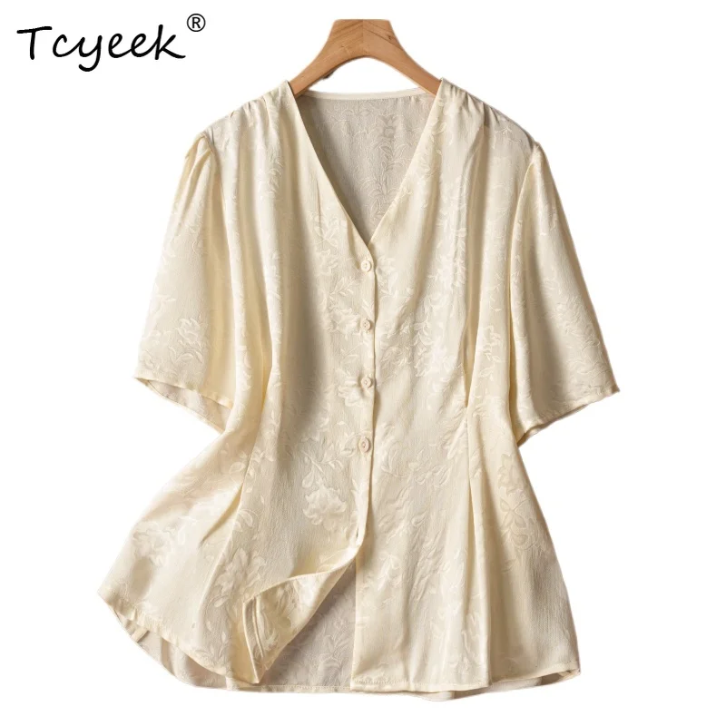 

Tcyeek 100% Real Mulberry Silk Summer Thin Bubble Short Sleeved Waist Cinching V-neck Beige Short Women's Shirts Женская Одежда