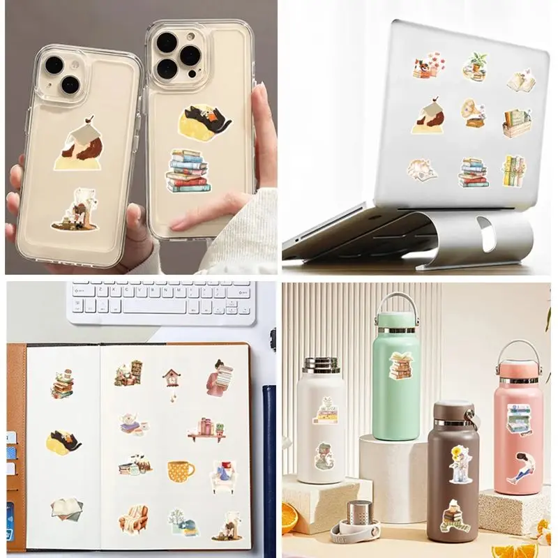 50Pcs Vintage Watercolor Books Cartoon Stickers Reads Graffiti Decals DIY Suitcase Laptop Notebook Cute Waterproof Sticker