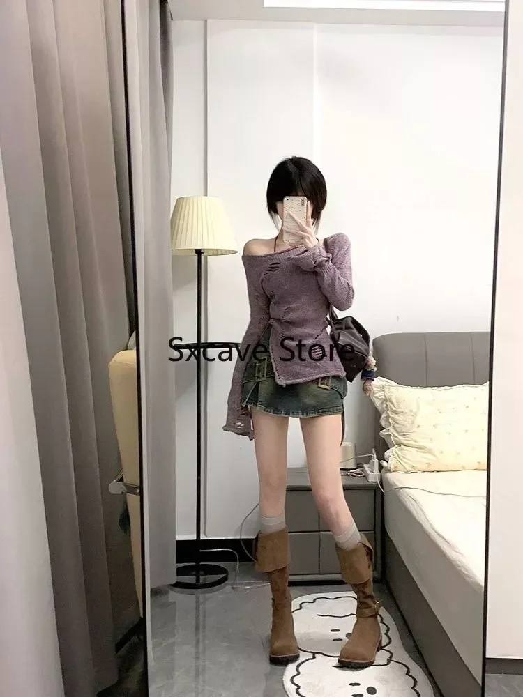 2024 Spring Knitted Sweater Women Sweet Y2k Aesthetic Jumpers Japanese Elegant Casual Split Pullovers Y2k Crop Tops Winter