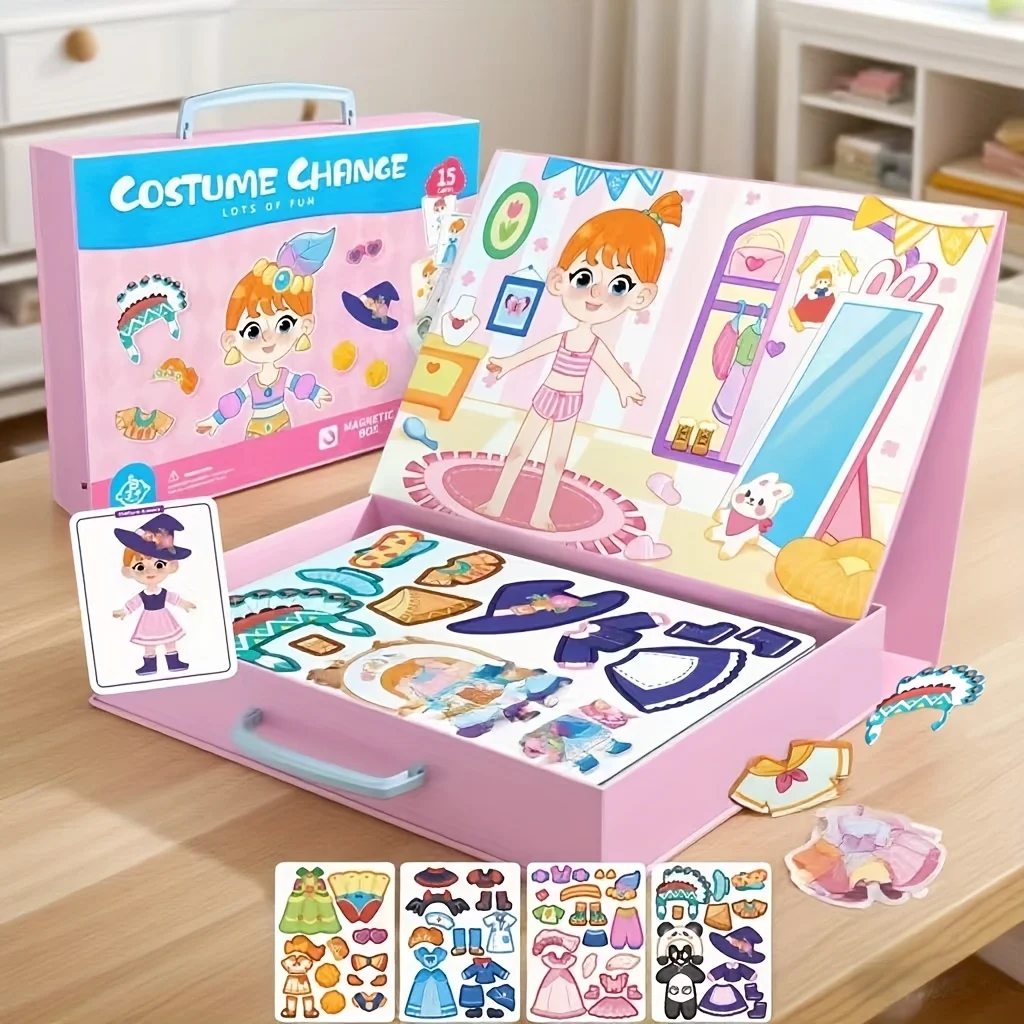 Magnetische aankleedspeelset voor kinderen Jongens Meisjes Gezicht aankleedoutfits Vliegend schaakspel Koelkast Decor Draagbare reisdoos Cadeau