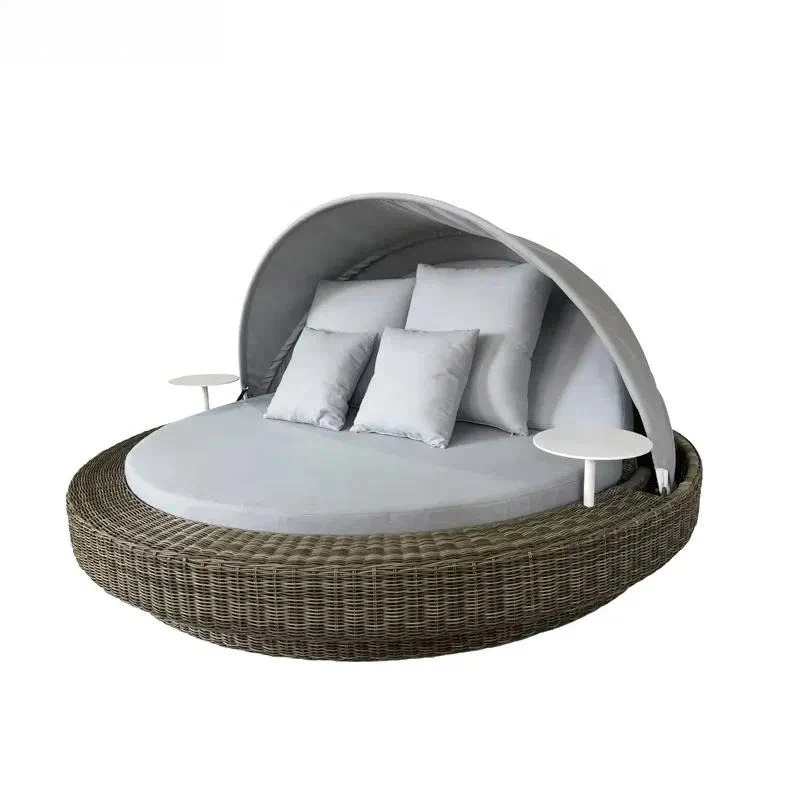 Modern Outdoor Rattan Sofa Bed with Foldable Canopy Round Patio Garden Furniture
