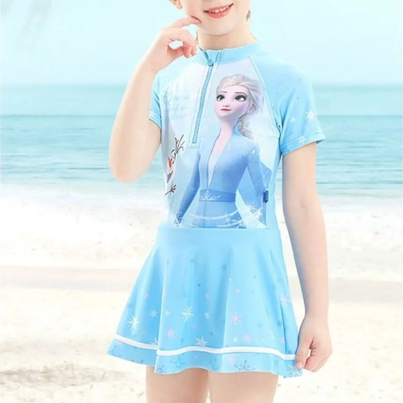 อะนิเมะ Disney series Frozen Elsa สําหรับเด็กและเด็กผู้หญิง ใหม่น่ารักสร้างสรรค์การ์ตูนรูปแบบแห้งเร็วระบายอากาศชุดว่ายน้ําชิ้นเดียว