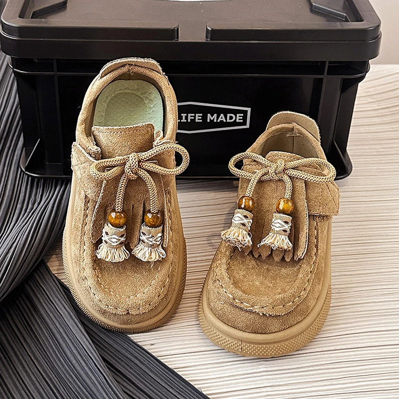 New Children Flat Shoes for Girl Spring Autumn Retro Tassel Kids Suede Leather Shoes Fashion Versatile Toddlers Causal Sneakers