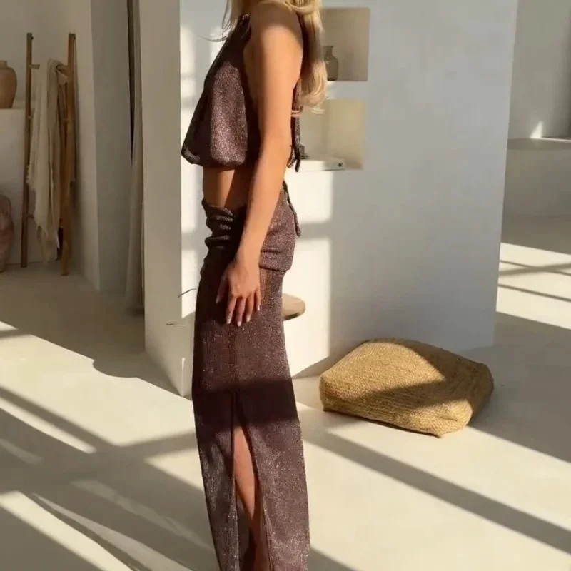 مثير متماسكة تنورة مجموعات بلوزات غير مغطية للكتف الرسن مطوي المحاصيل القمم نحيل التنانير الطويلة 2025 جديد الشاطئ قطعتين ملابس السباحة التستر