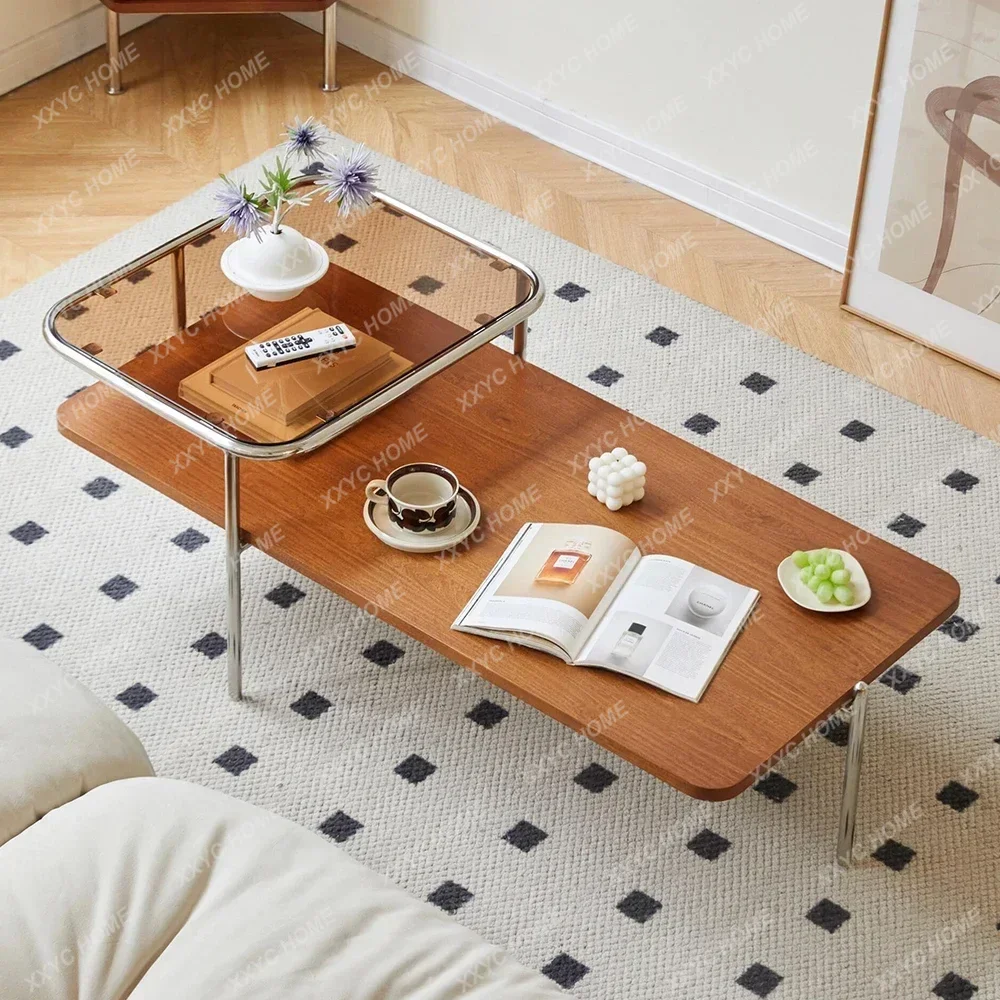 

​ ​ Кофейный столик в стиле Mid-Century Modern из массива дерева, 2-уровневый, с каркасом из нержавеющей стали и закаленным стеклом, минималистичная роскошная мебель для кафе