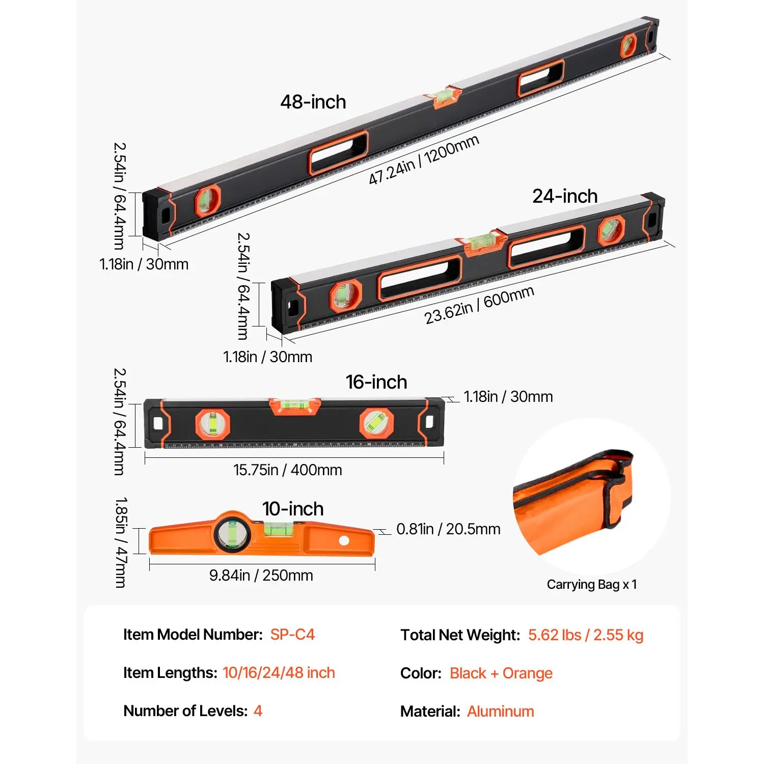 4-Piece Torpedo Level, 48/24/16/10 Inch All Magnetic Levels Set, Fluorescent Light Up Bubble Vials Ruler for 45/90/180 Degree, Aluminum Alloy Magnetic Box Leveler Tool, SAE and Metric Scale