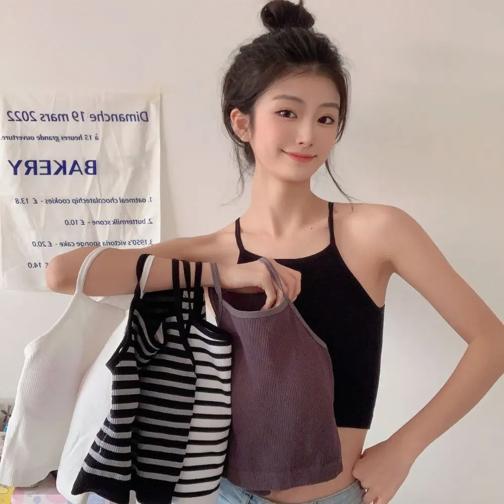 Korean Version Sleeveless Crop Top Slim Fit Stripe Ladies' Sling Vest with Chest Pad Women Camisole Casual Wear