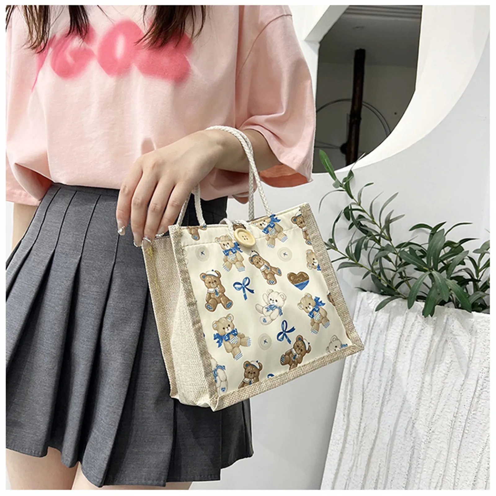 ISKYBOB Small Bear Handbag Women Linen Button Zipper Tote Bag Large Capacity Grocery Organizer Bag Portable Shopping Lunch Bag