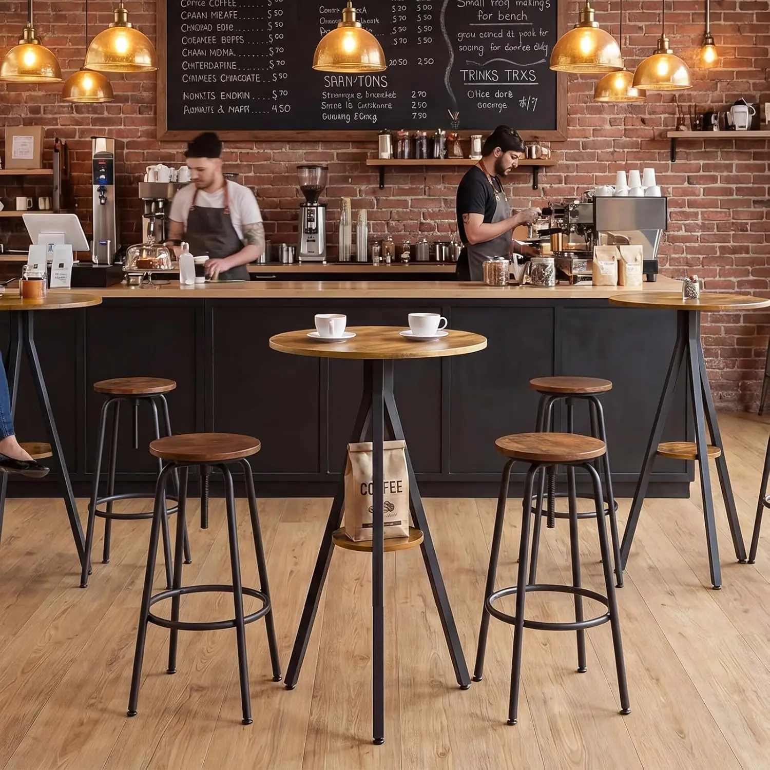 Bar Table Set of 2, 2-Tier Round Pub Table, Counter Height Cocktail Table for Small Spaces, Dining Room, Cafe, Pub, Rustic Brown and Black