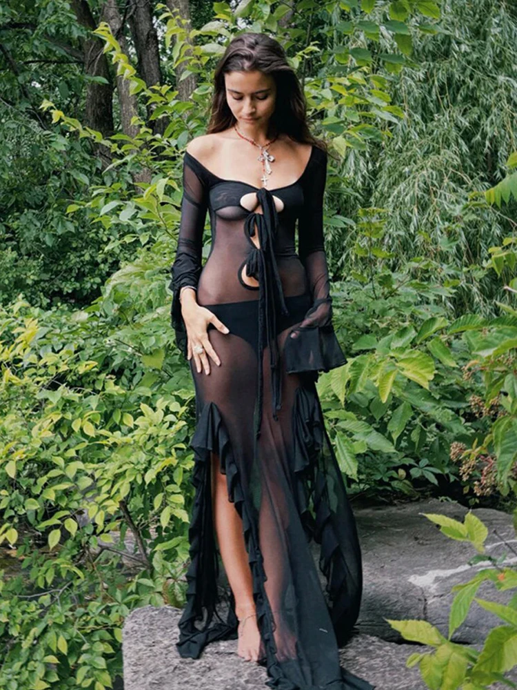 

Sibybo Sexy See Through Hollow Out Spicy Girl Long Dress Basic Solid Color Falbala Slit Robe Summer Fashio Women Clothes 2024