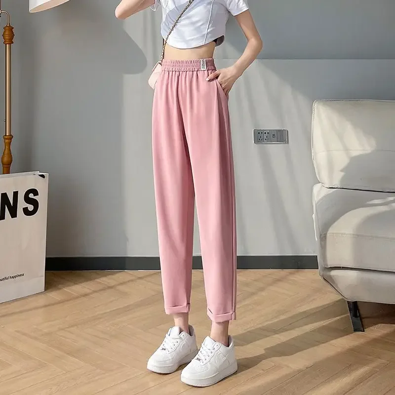 Women's Summer Solid Color Thin Ice Silk Wide Leg Straight Leg Pants Loose Elastic Waist Slim Large Casual Fashion Sweatpants