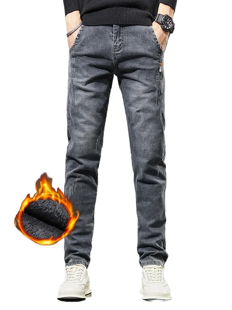 

2025 мужские толстые зимние джинсы, тонкие эластичные бархатные теплые деловые повседневные брюки, модные винтажные прямые мужские плюшевые джинсовые брюки