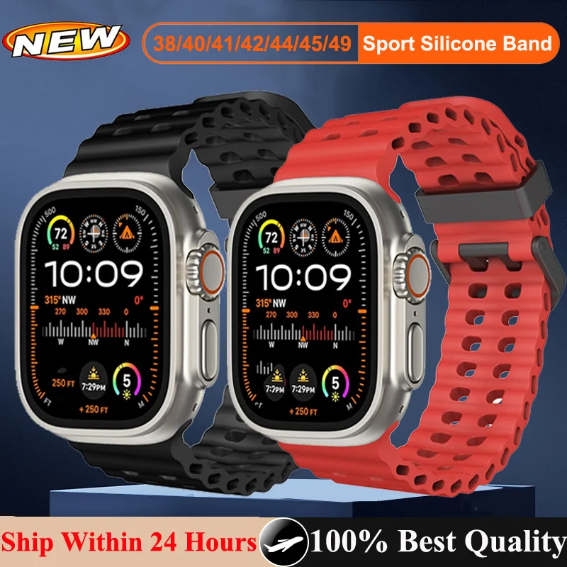 Marine Sport Strap For Apple Watch Band 45mm 44mm Series 10 46mm 42mm Ultra 2 49mm Silicone Bracelet Correa iWatch 41mm 38 40mm