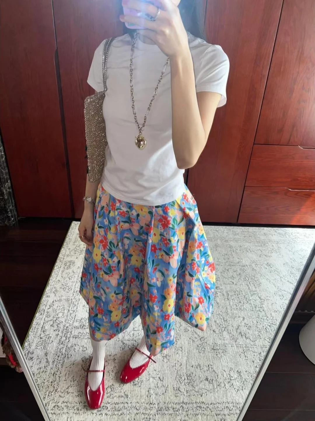 Summer Floral A-Line  Skirt Women's Pure White T-Shirt Beach Vacation Two-Piece Set High Waist Print Home Casual Skirt