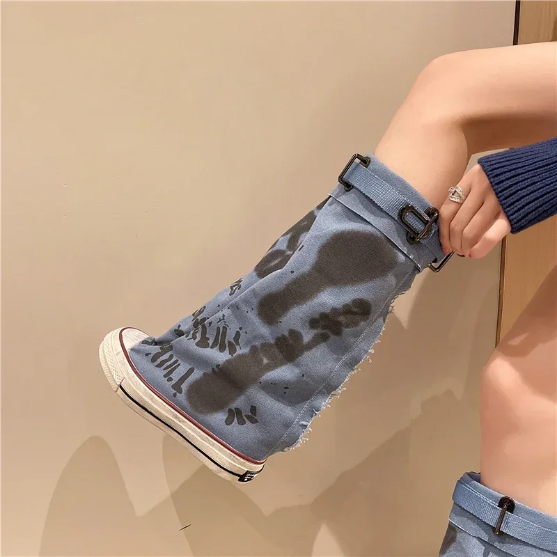 Women's Shoes Spring High Top Canvas Cowboy Boots Round Head Anti-slip Boots for Women Fashion Rubber Sole Leisure Shoes Zapatos