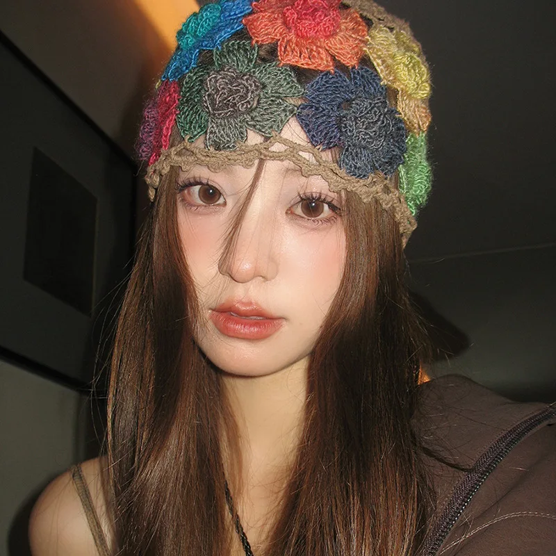 Women's Summer Ethnic Style Knitted Cap Japanese Colored Flower Hollow Toe Cap Thin Design Face Enhancing SMA Pullover Cap
