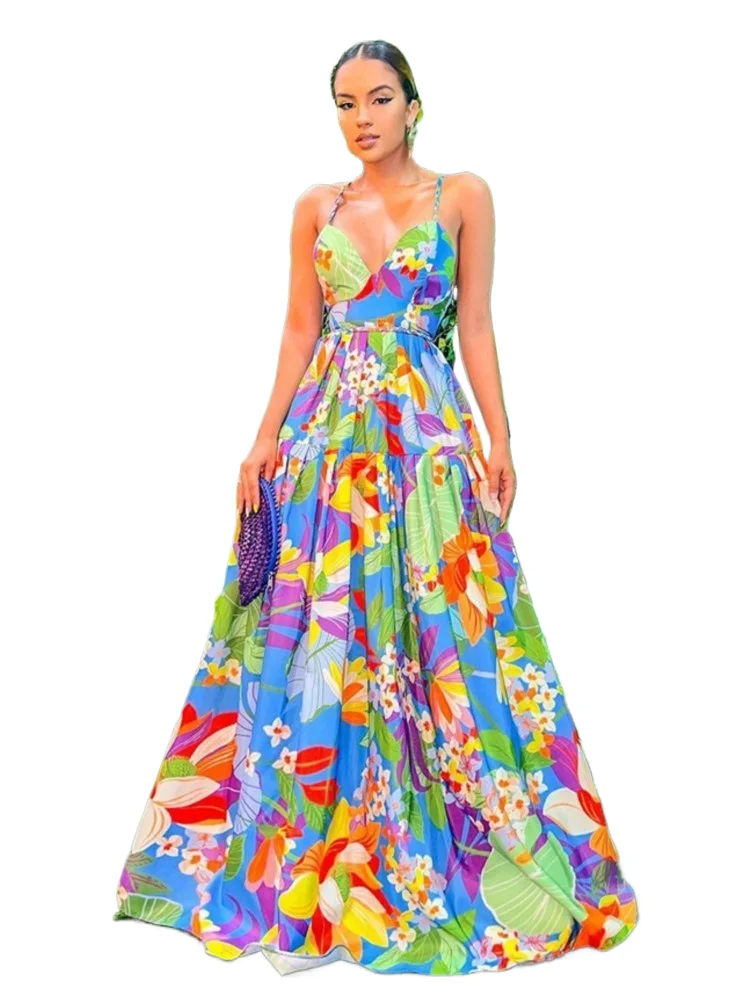 

Color Flower Print Spaghetti Strap Evening Dresses Women Temperament Sexy V-neck Backless Beach Vacation Party Long Dress Female