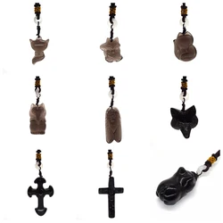 Natural Black Obsidian Pendant Reiki Carved Stone Healing Crystal Fox Statue Cicada Figurine Wolf Necklace Gemstone Wholesale