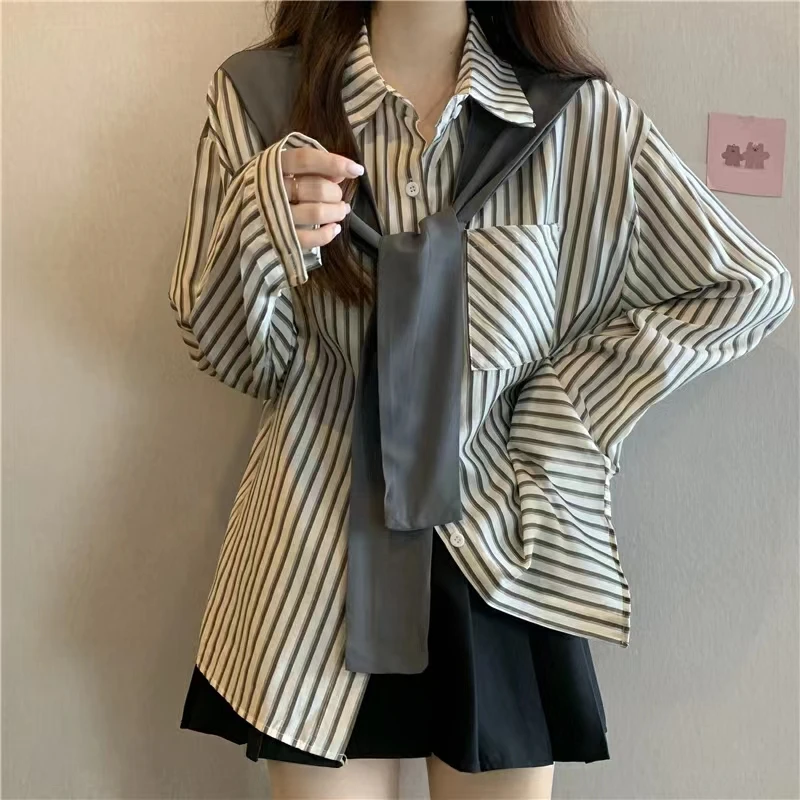 Women\'s Clothes Striped Long-sleeved Shirt Autumn Blouse New-style Shawl Fake Two Loose Temperament Shirt Casual Ladies Top