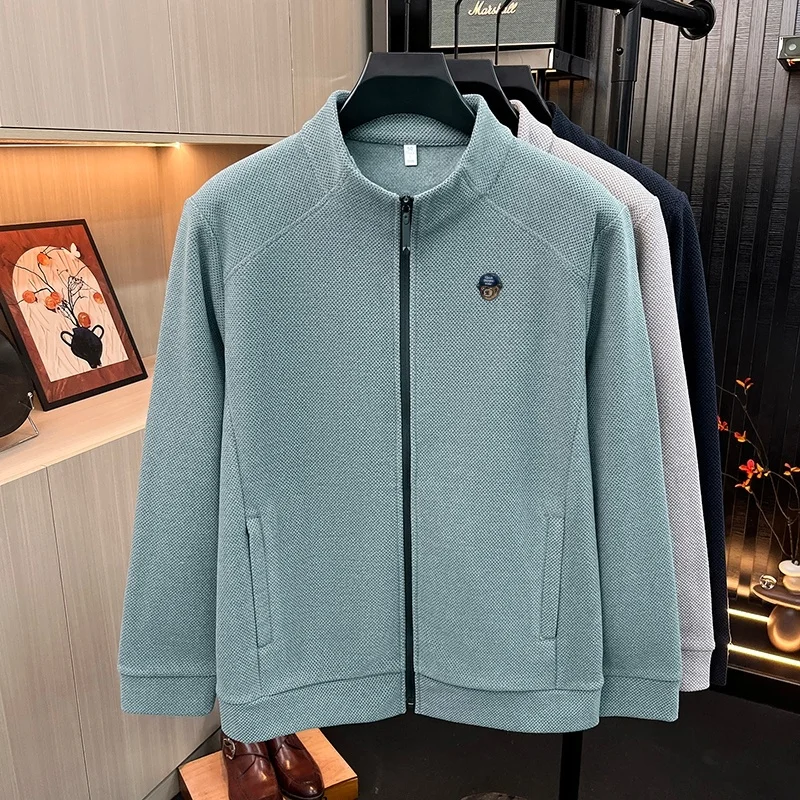 Herren-Herbstjacke, neue Mode, bestickt, Stehkragen, Reißverschluss, winddicht, warm, einfarbig, langärmelig, Business-Herrenbekleidung – Detail 5