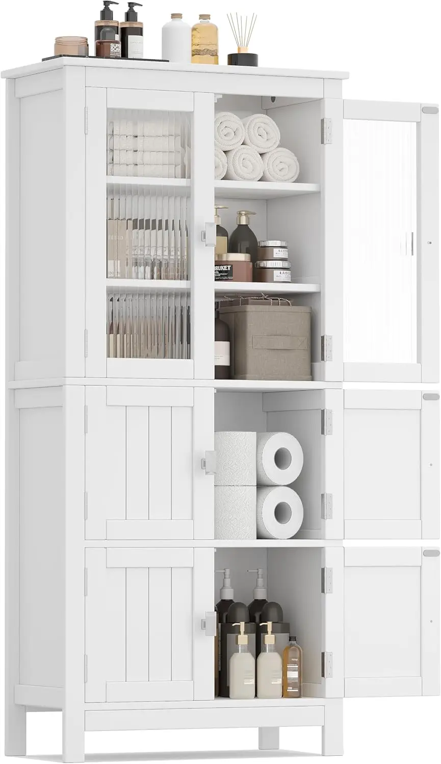 Tall Bathroom Storage Cabinet, Freestanding Linen Floor Organizer With Adjustable Shelves And Doors, Multipurpose Cupboard For Living Room Kitchen Entryway, Modern White, Single Unit