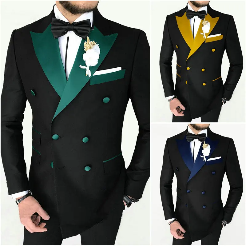 

Fashion Black Men's Suit 2 Piece Double Breasted Peaked Lapel Jacket Business Casual Slim Fit Wedding Suit For Men Blazer Pants