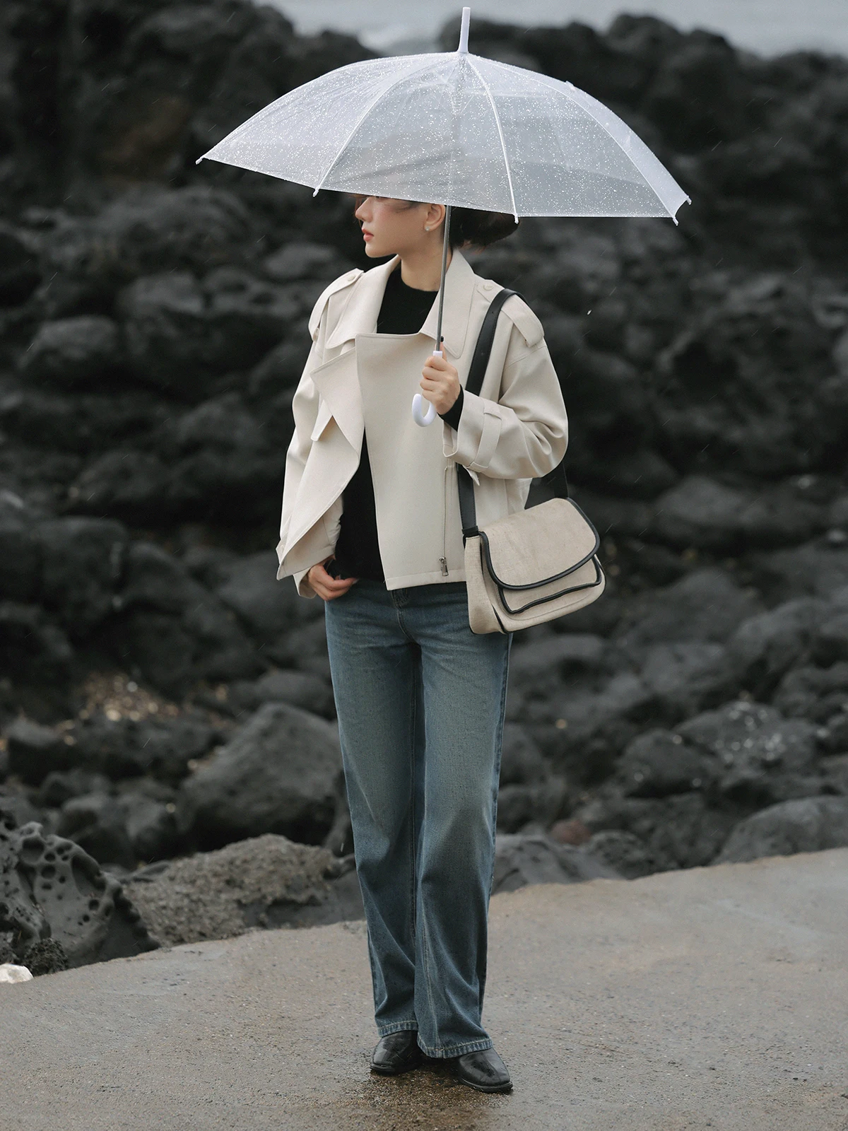 Trench-Coat court élégant pour femmes, automne, Vintage, revers, vêtements d'extérieur amples, épaules tombantes, veste Chic pour bureau, Look décontracté à la mode