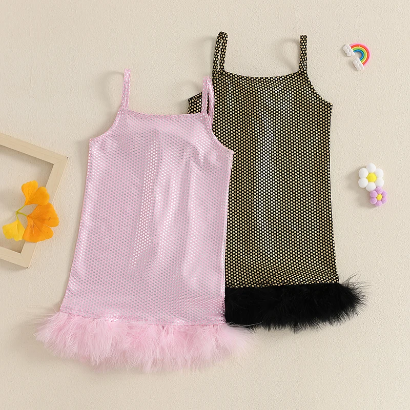 Tregren 2-10 Years Kids Girl Sequin Dress Summer Sleeveless Scoop Neck Faux Fur Hem Party Dress Toddler Fashion Dress