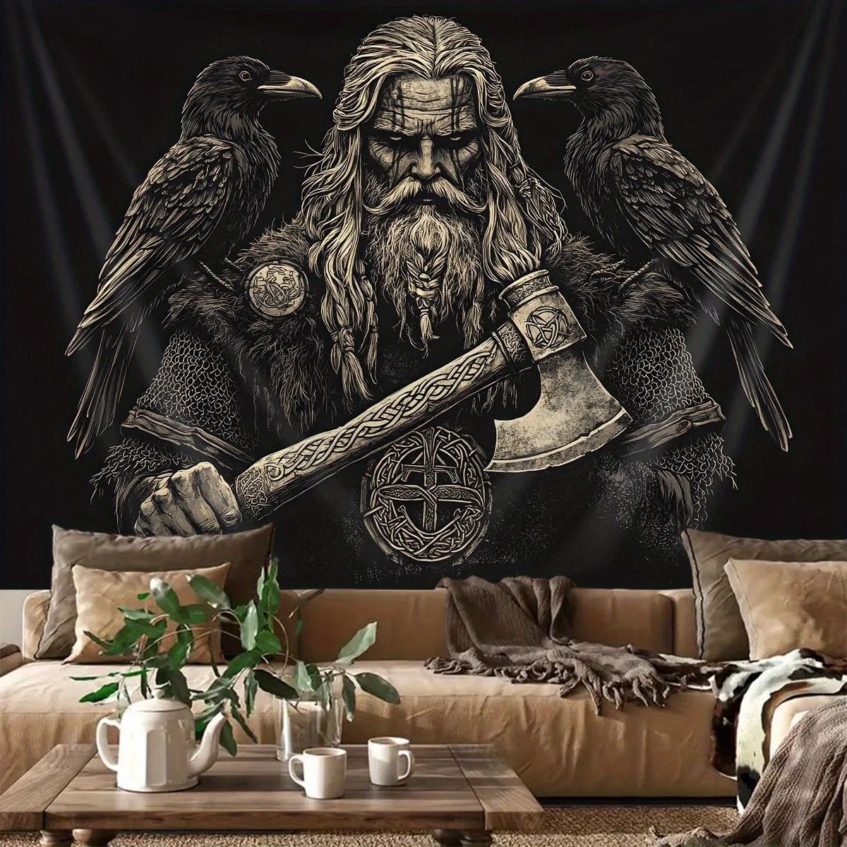 Large Gothic Fantasy Tapestry Wall Decor Viking Warrior Raven Axe Mythology Hanging Print Medieval Room Art Epic Poster Decor