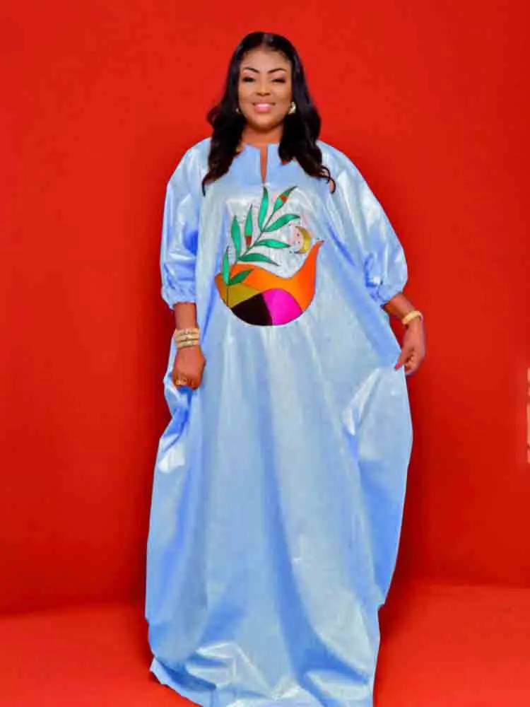 

2024 Bazin Riche Dresses From Senegal Elegant Women Party Basin Long Dresses Original Sky Blue Dashiki Robe For African Women