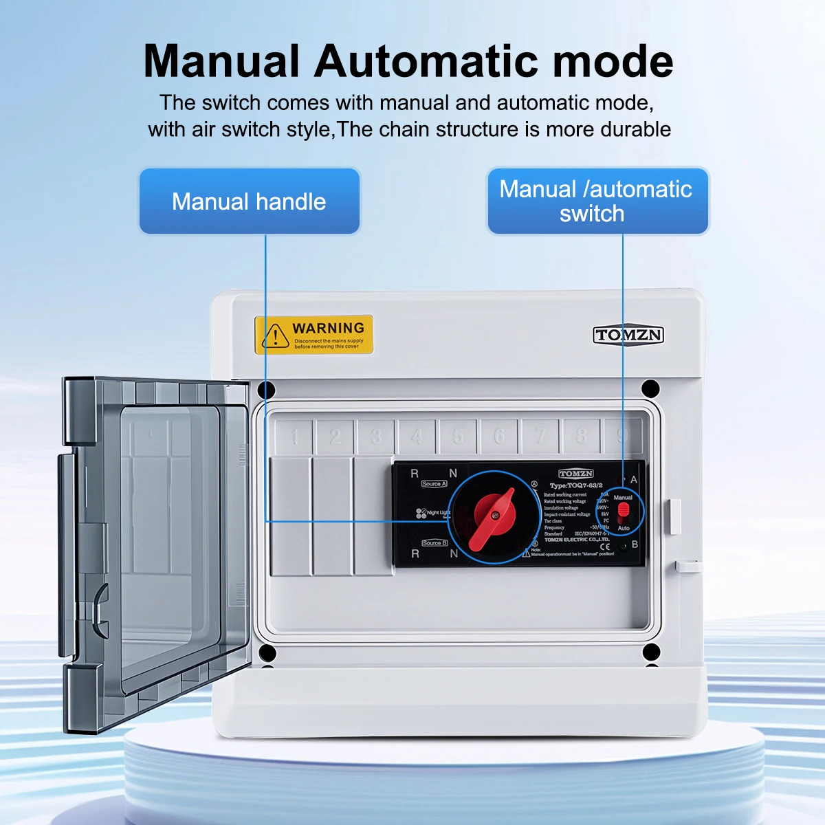 TOMZN IP65 Waterproof Dual Power Distribution Box 2P AC230V 125A Dustproof Outdoor Automatic Transfer Switch Box