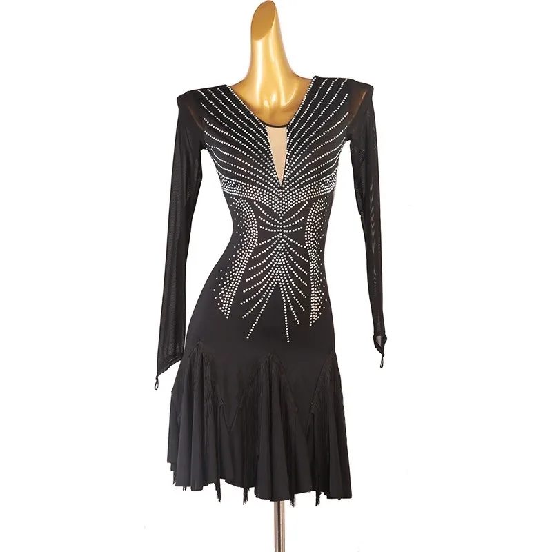 الكبار الأسود حجر الراين كم طويل شبكة هامش الملابس اللاتينية الرقص المنافسة فستان للنساء السامبا السالسا الملابس DQL12248