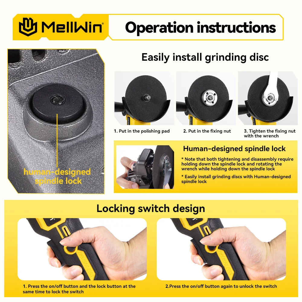 MELLWIN 125MM Bürstenloser Elektrischer Winkelschleifer 3-Gang M14 Schneid- und Poliermaschine Holzbearbeitungswerkzeug für Makita 18V Akku – Detail 8