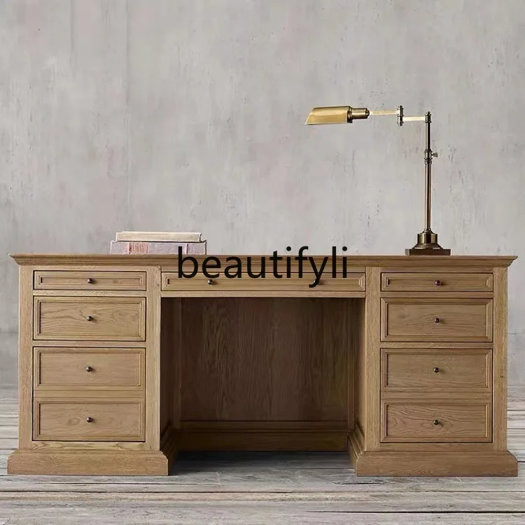 

American Country Vintage Distressed Oak Desk French Minimalist Office Desk European Solid Wood Computer Desk