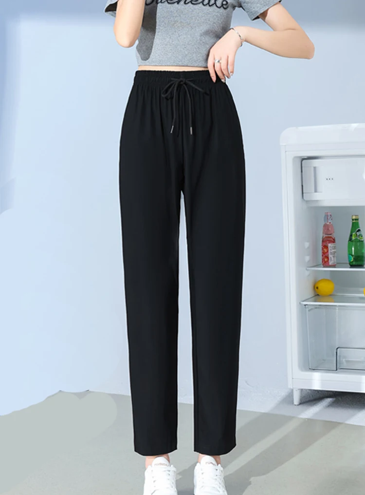 여성용 플러스 사이즈 스포츠 팬츠 여름용 루즈핏 아이스 실크 얇은 빠른 건조 러닝 자외선 차단 스트레이트 레그