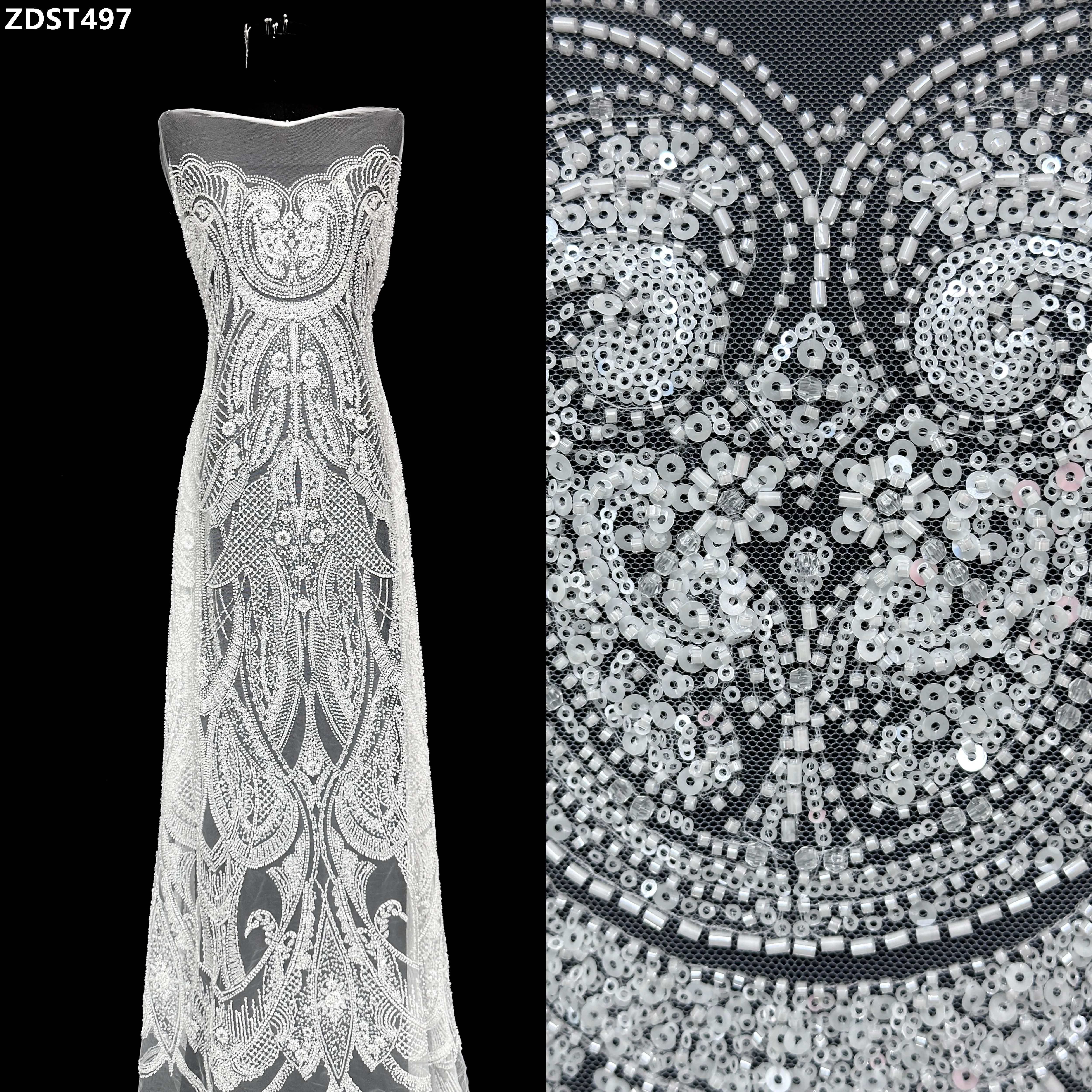 Abito da sposa di fascia alta di colore bianco pizzo pesante fatto a mano con perline paillettes tessuto tulle francese nigeriano per abito da sposa