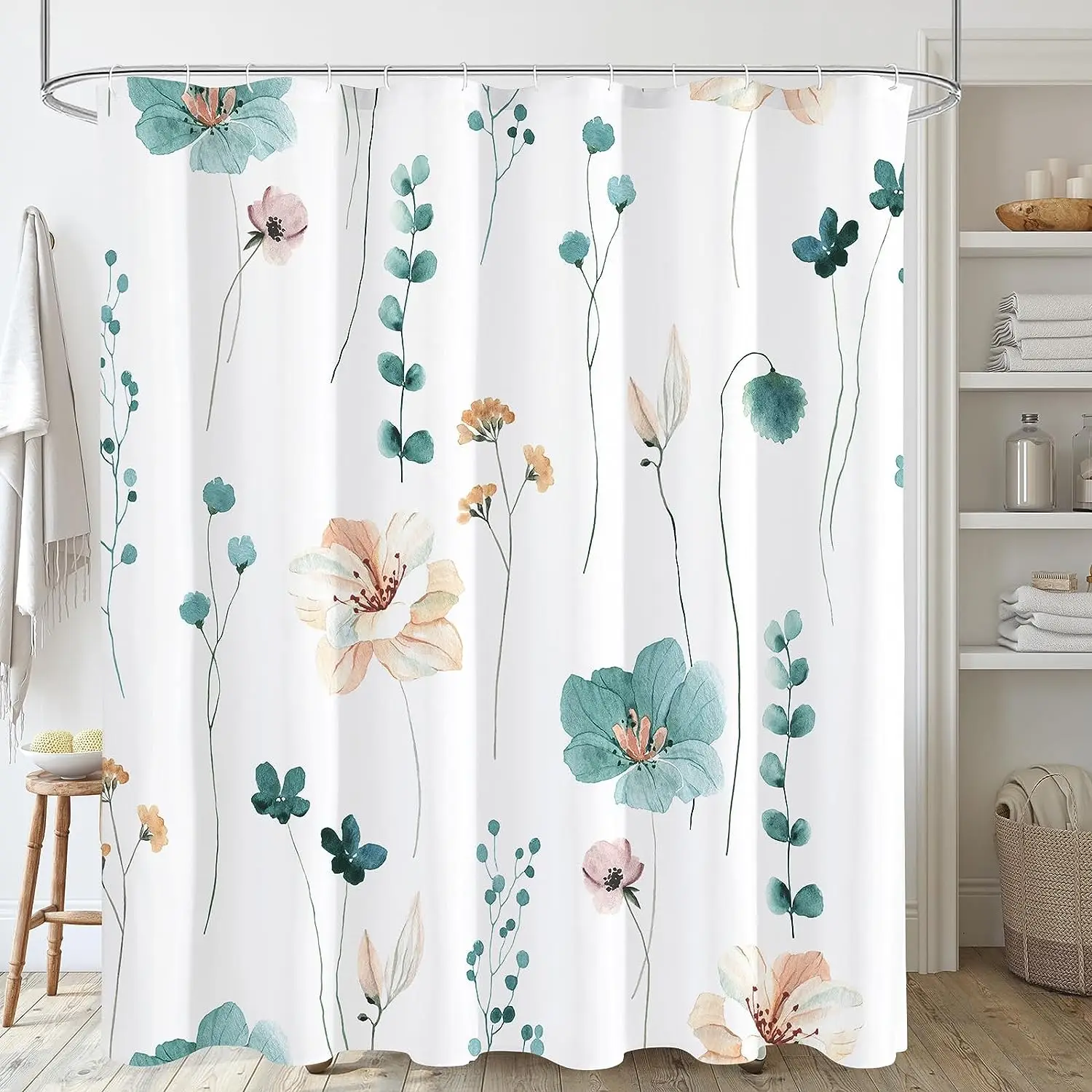 Green Leaves Floral Shower Curtain Watercolor Flowers Plants Modern Minimalist Bath Curtains Fabric Bathroom Decor with Hooks