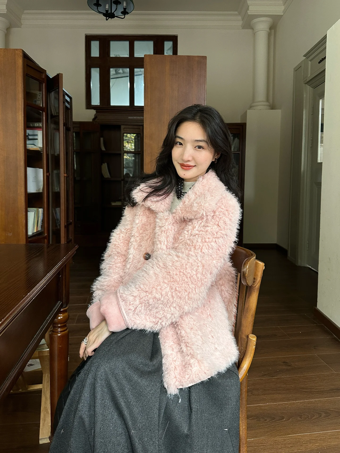 

Xu Daqing Circle Soft Candy Pink Loose ort Fur Jaet Women's Leather Fur Inteated Thiened Outerwear Sweet Sle