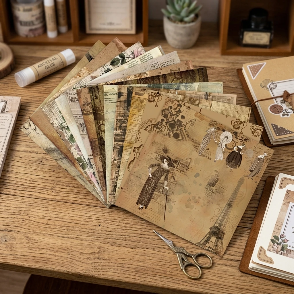 12Pcs Vintage Magazine Style Background Paper Double Sided Scrapbook Paper for DIY Journaling Handwriting Card Making 15x15cm