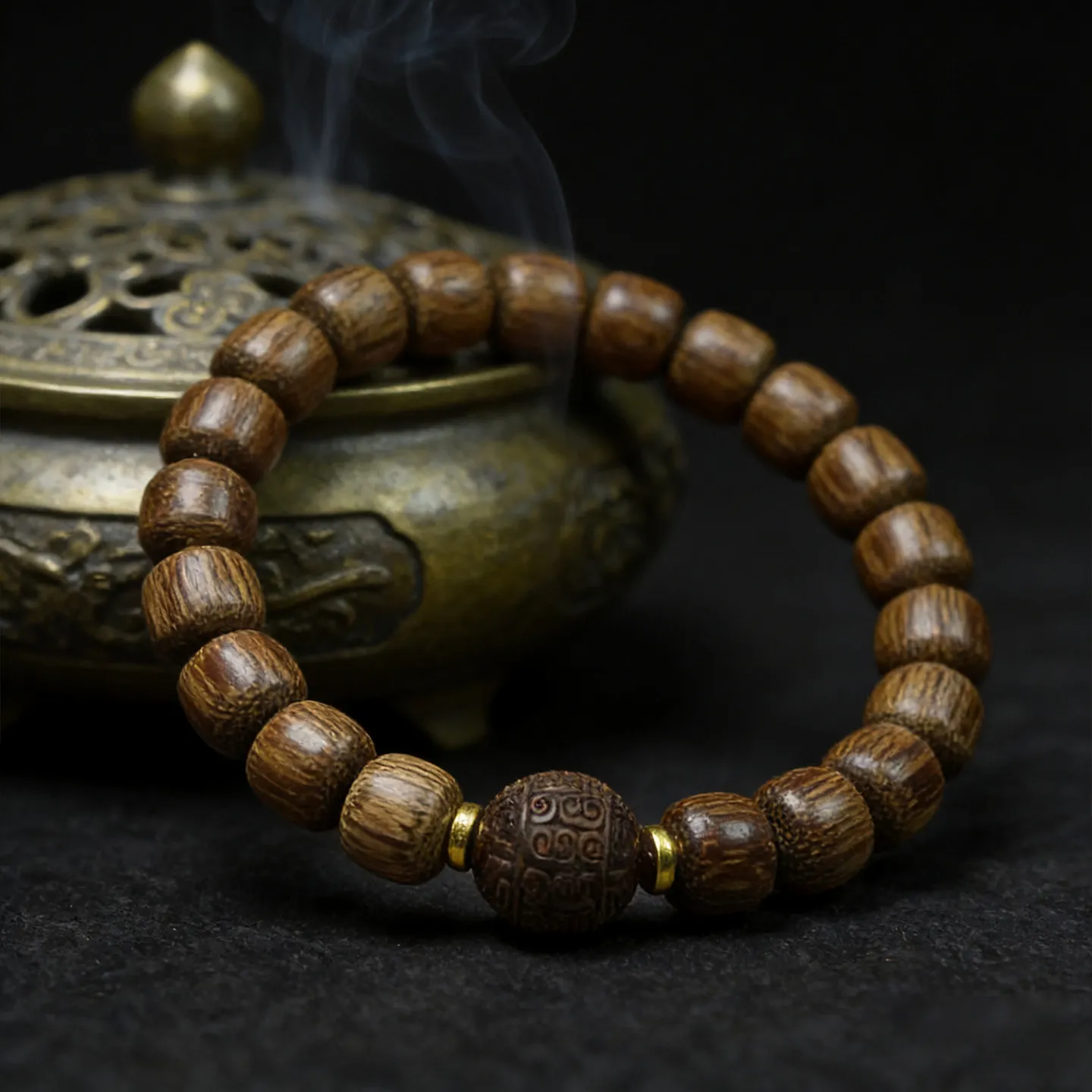 Vietnamese White Chenan Agarwood Small Wenge Wood Carved Pattern DIY Buddhist Prayer Beads for Men and Women Gifts