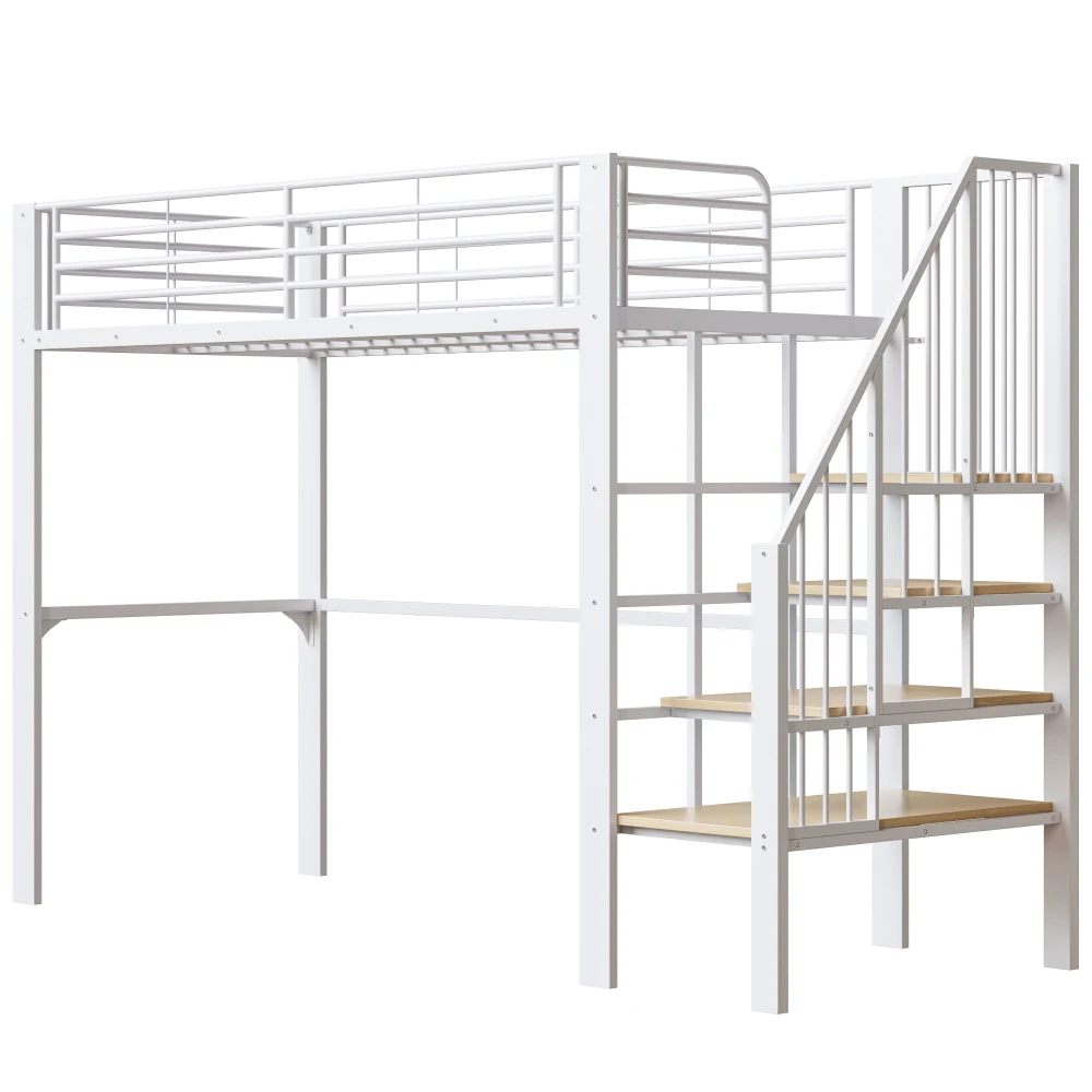 Stabiles Hochbett aus Metall, 90 x 200 cm/140 x 200 cm, mit geräumigem Stauraum unter dem Bett und Treppe für Kinder und Erwachsene, Bettgestelle und -gestelle – Detail 8